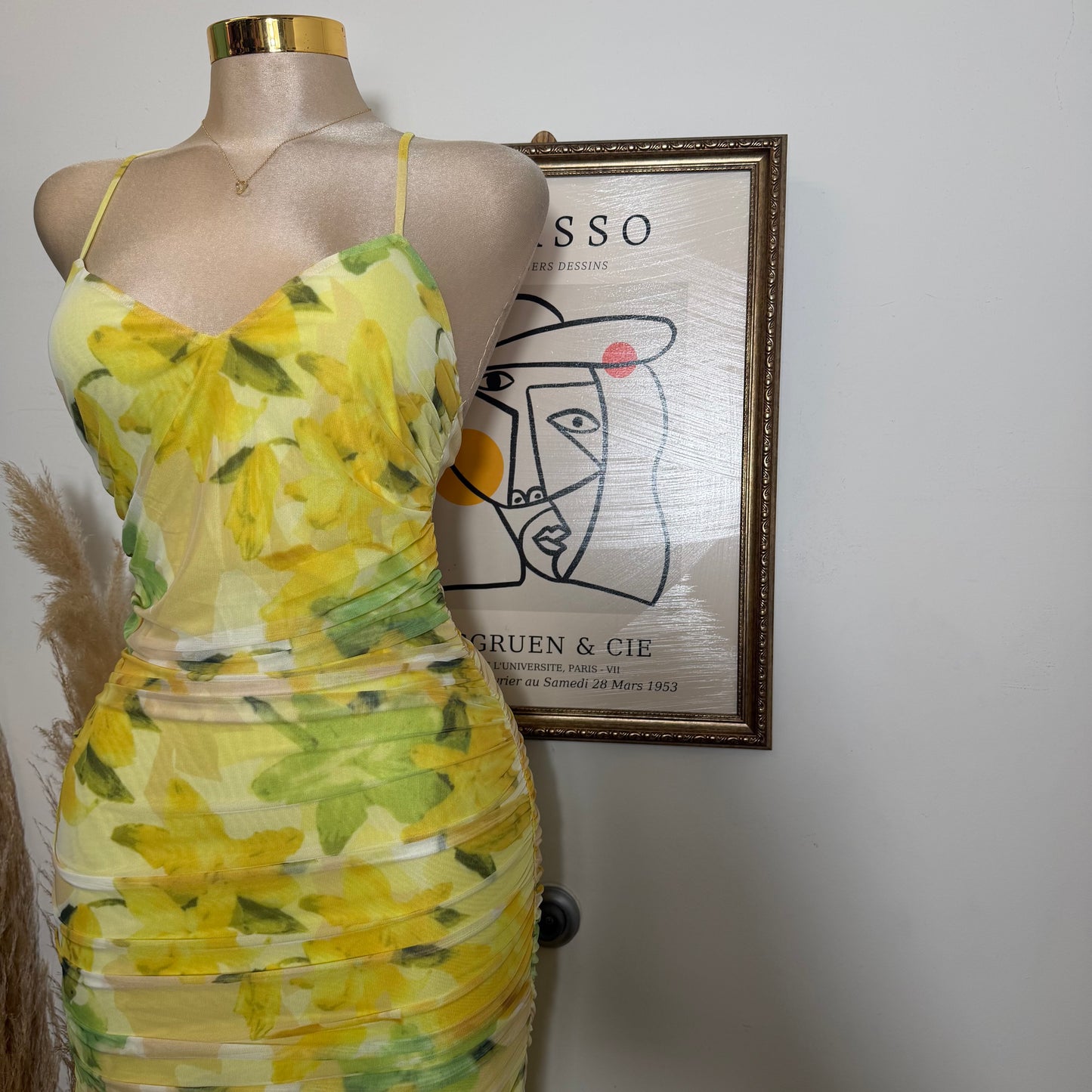 Mesh Print Midi Dress-Lemon