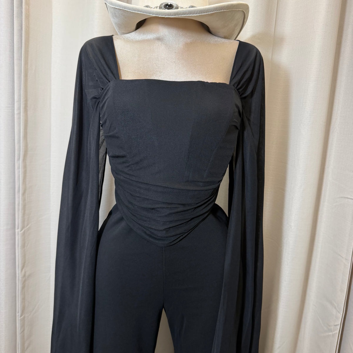 Mesh Cape Sleeve Corset Jumpsuit-Black