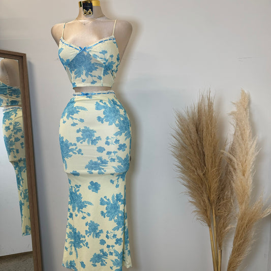 Mesh Two Piece Skirt Set-Blue