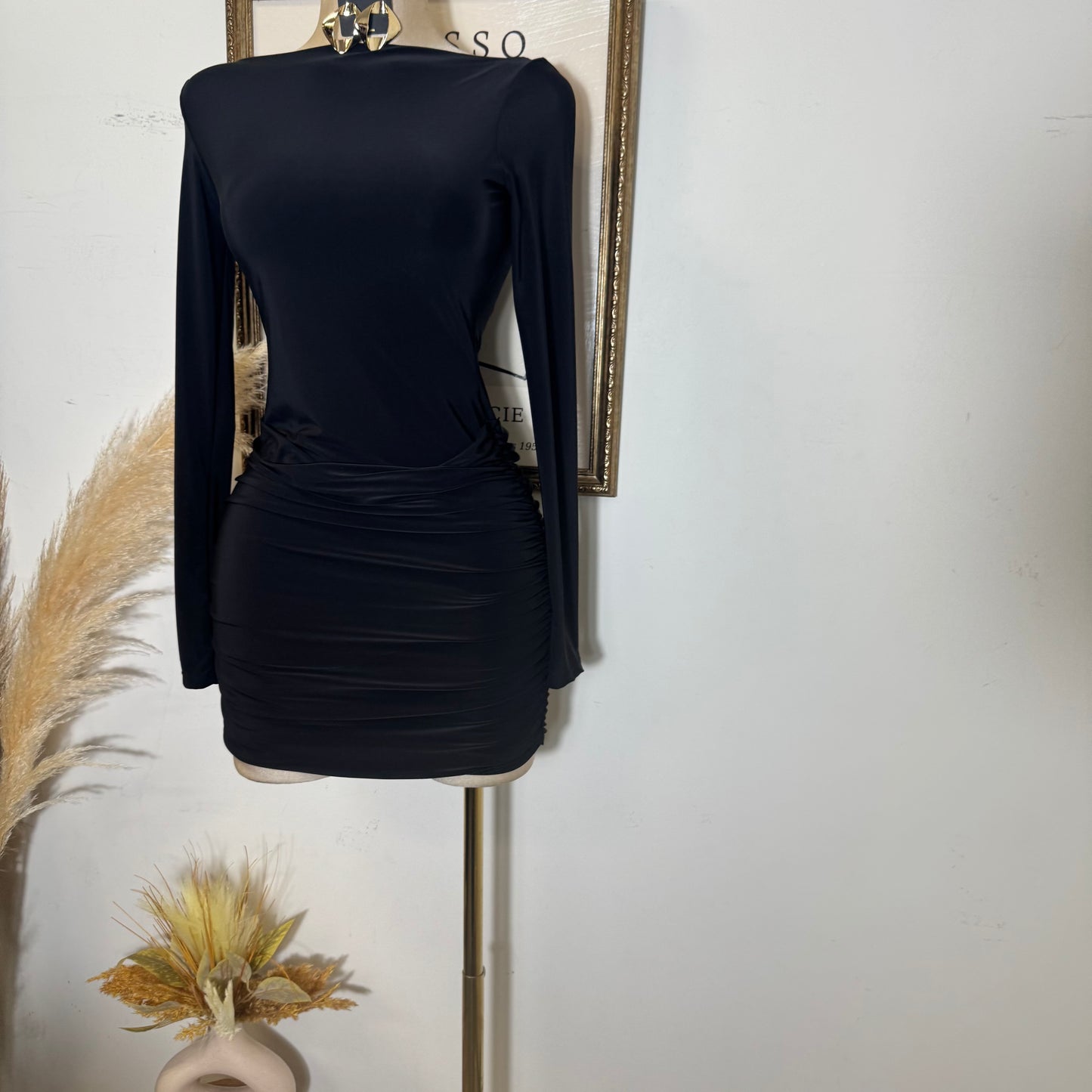 Long Sleeve Ruched Mini Dress-Black