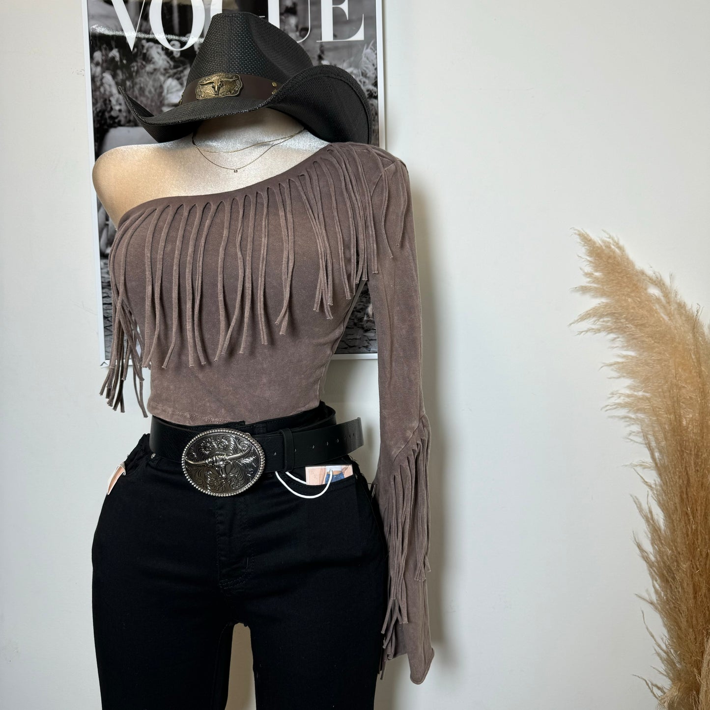 One Shoulder Fringe Top-Brown
