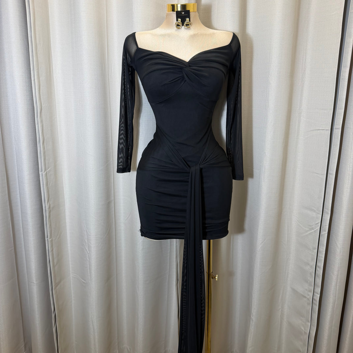 Long Sleeve Off Shoulder Mesh Dress-Black