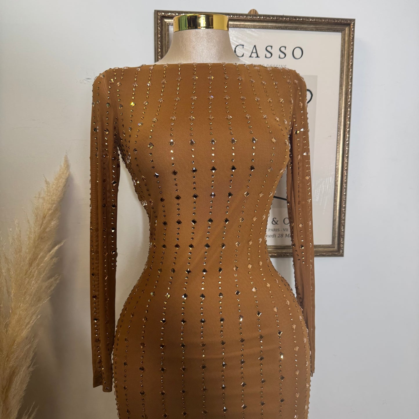 Square Rhinestone On Mesh Midi Dress-Mocha