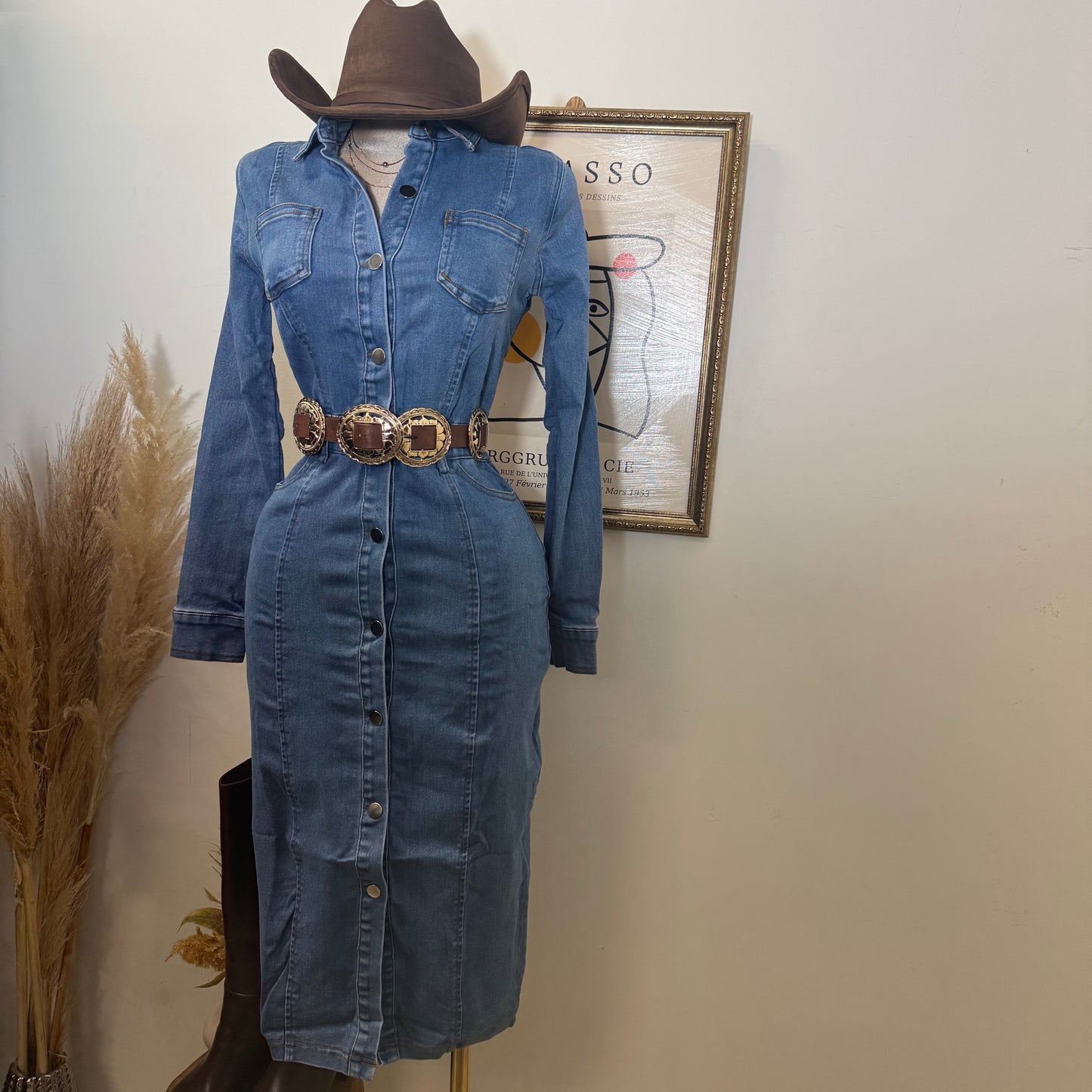 Denim Button Long Dress-Medium Wash