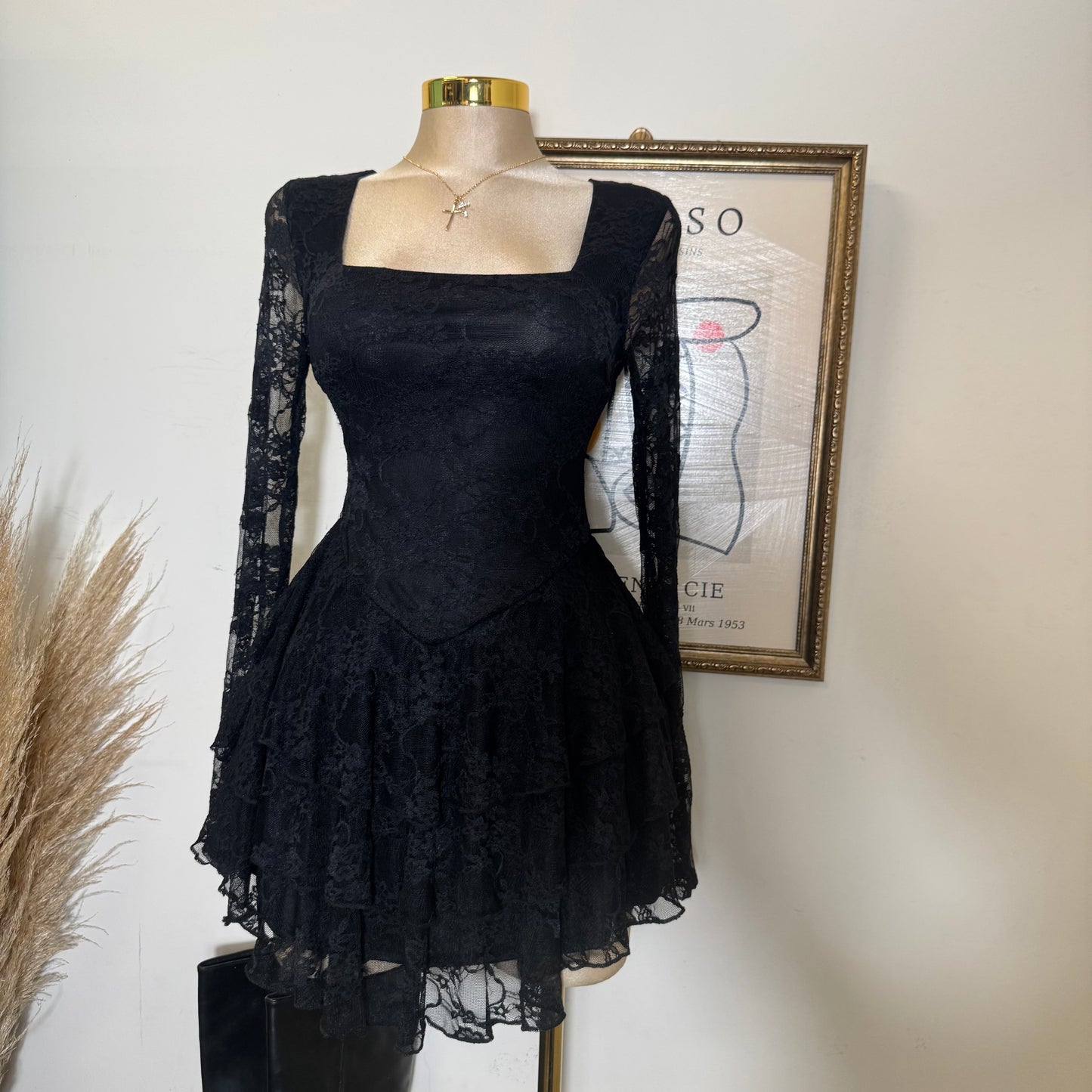 Lace Long Sleeve Ruffle Layered Mini Dress-Black