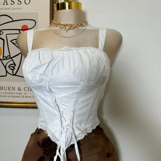 Bust Shirring with lace Detail Back smoked Top-White