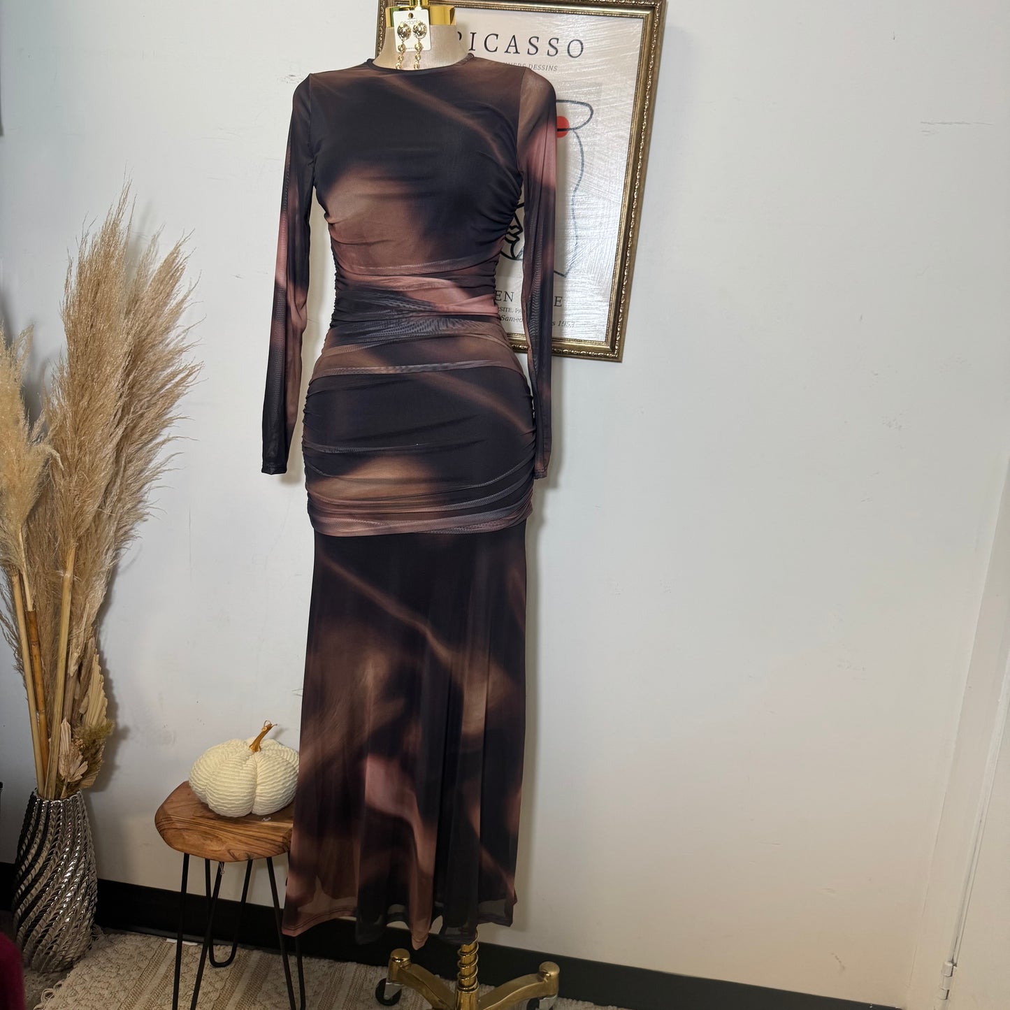 Geographic Mesh Maxi Dress-Brown Combo