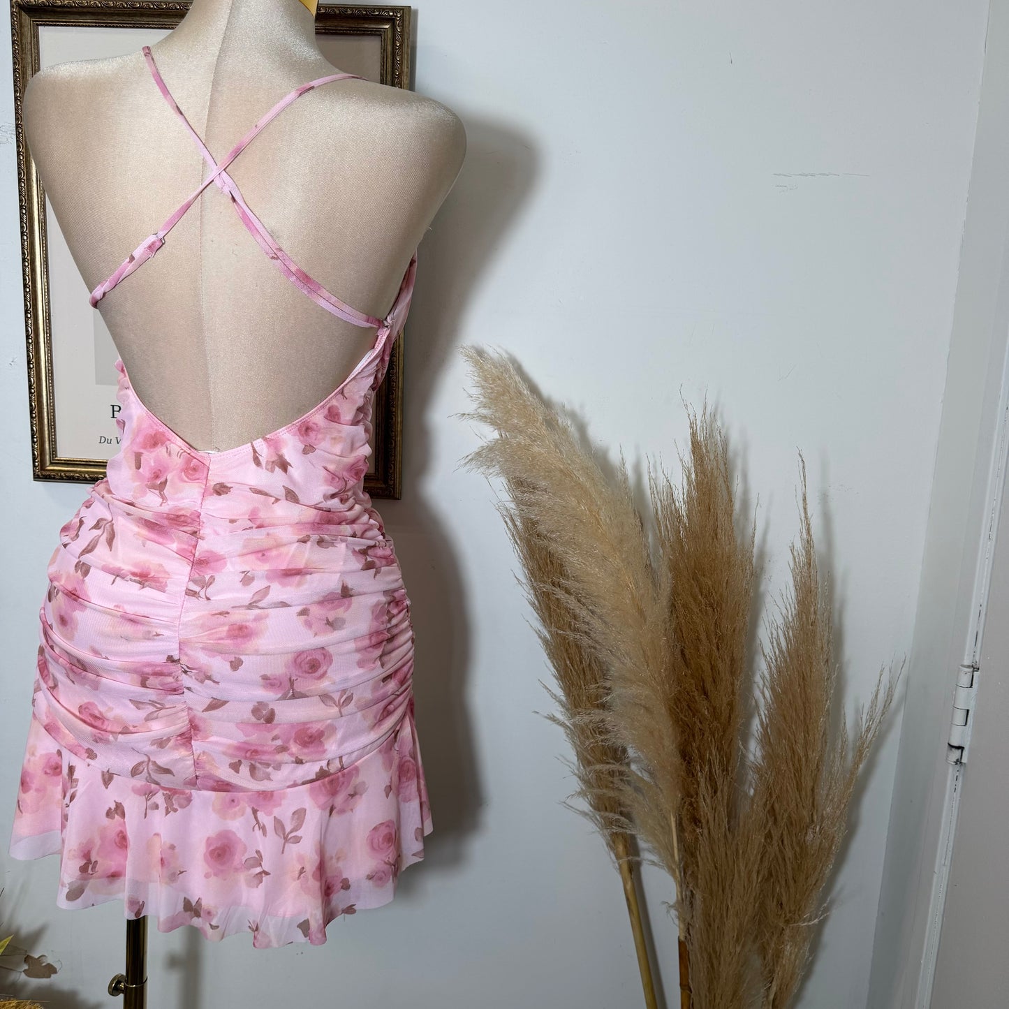 Floral open Back Mini Dress with Flowing Skirt-Pink