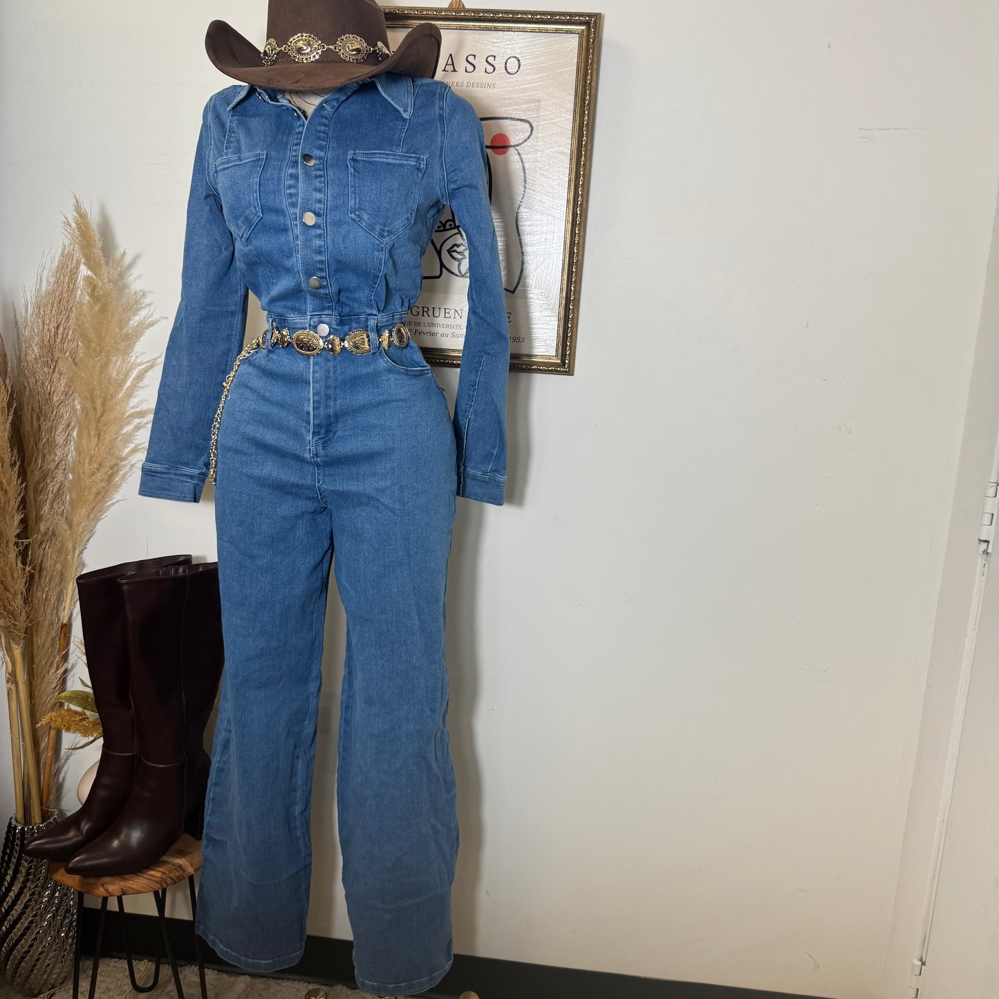 Denim Button Long Sleeve Jumpsuit -Medium Wash