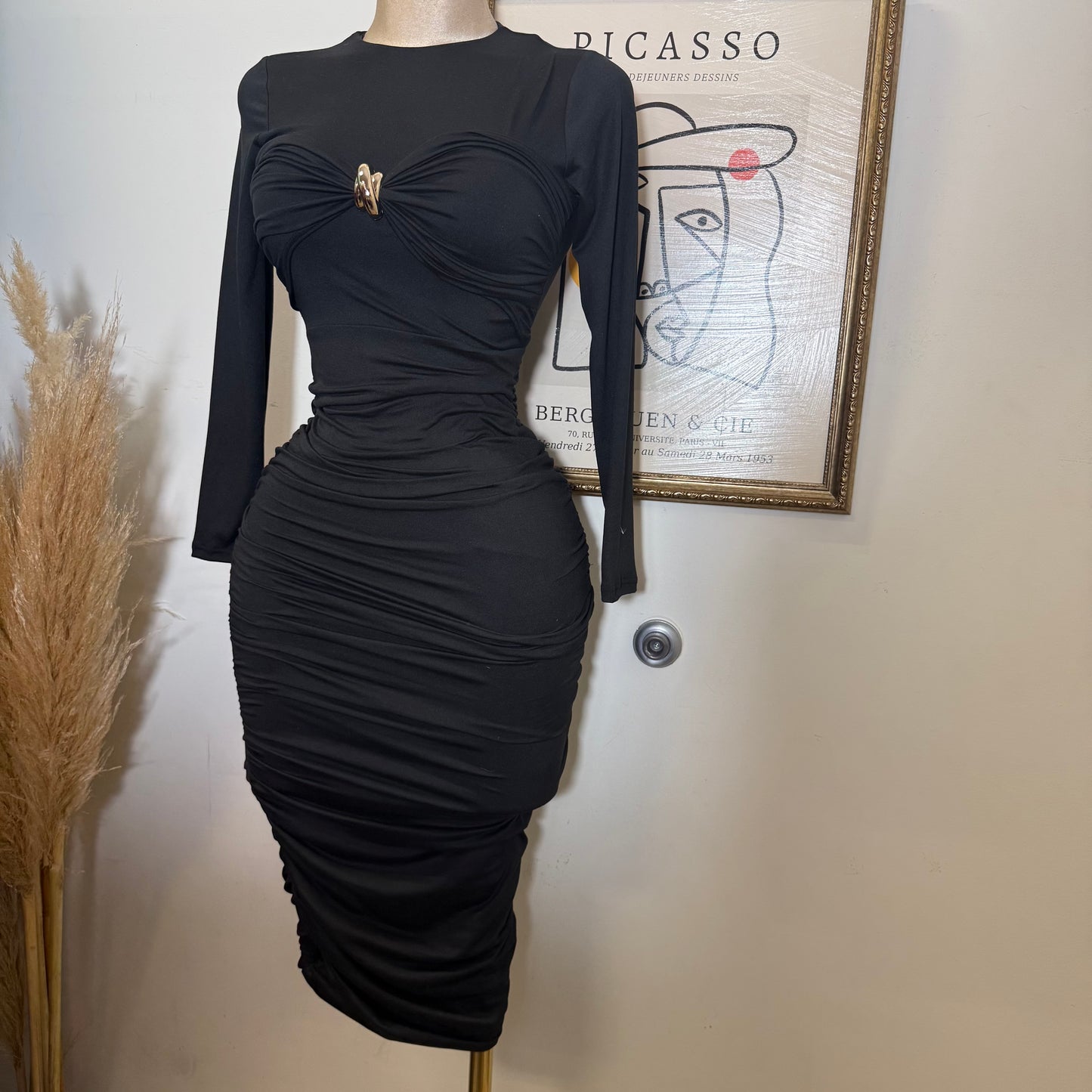Long Sleeve Double Layered Midi Dress-Black