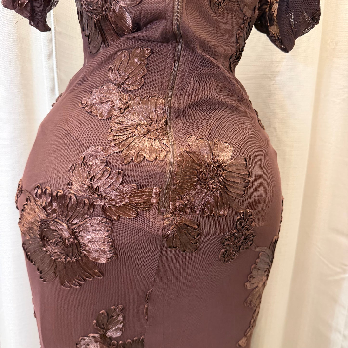 Elegant Floral Appliqué Off shoulder mermaid Maxi Dress-Brown