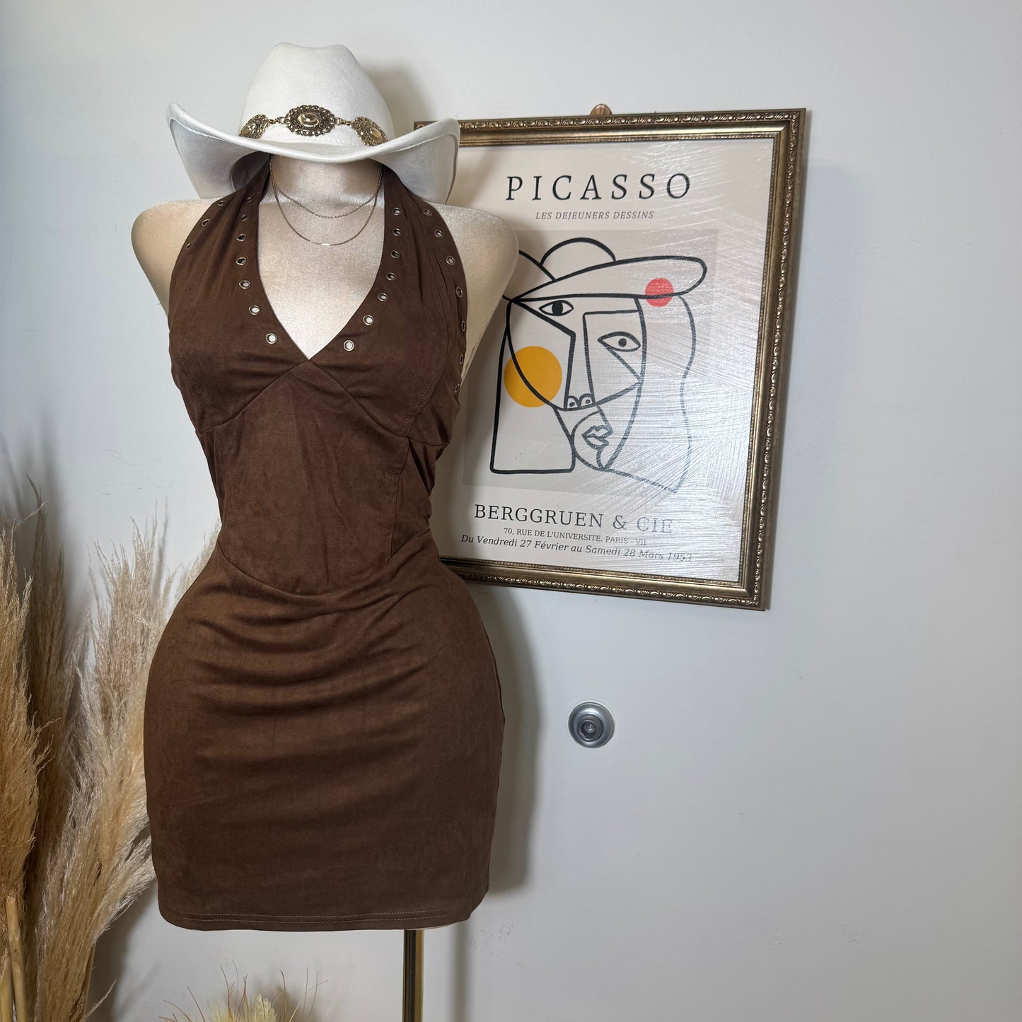 Western Suede Halter Dress-Brown