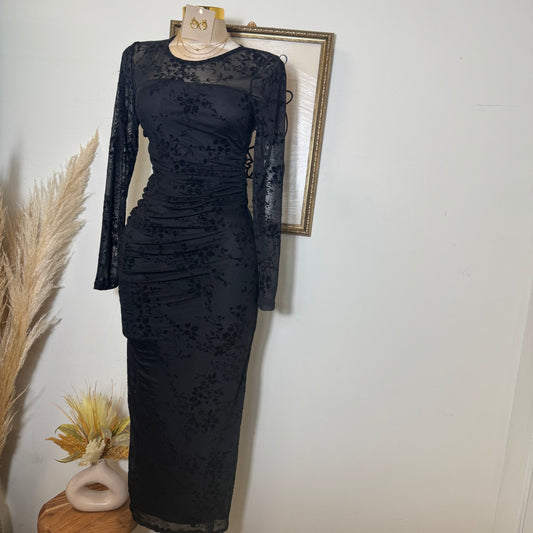 Long Sleeve Flocked Mesh Ruched Maxi Dress-Black