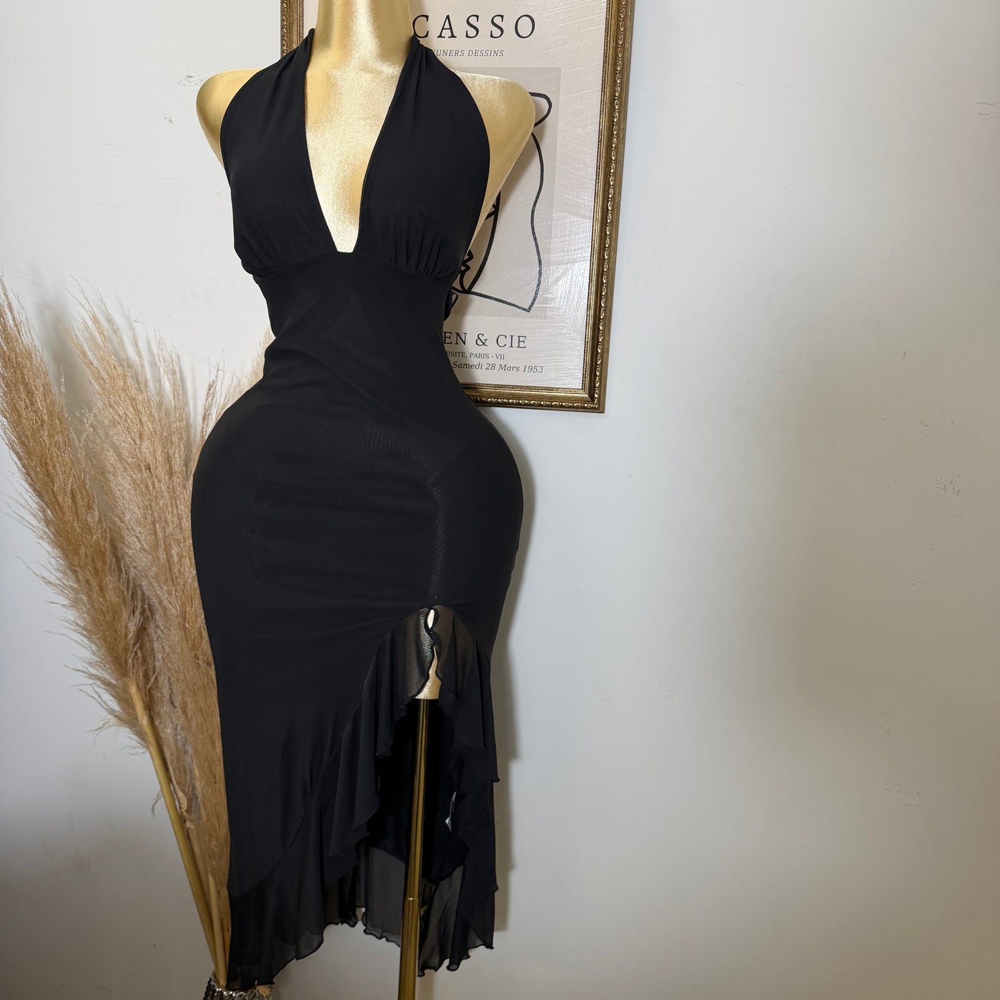 Halter Ruffle Slit Maxi Dress-Black
