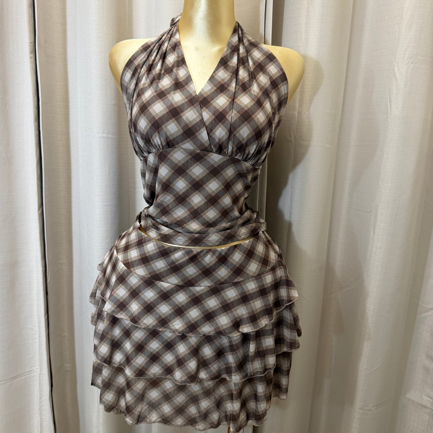 PL-Halter top Flare Skirt Set-Brown/Beige