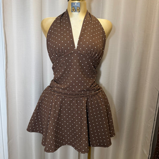 PL-Halter Polka Dot Dress-Brown/White