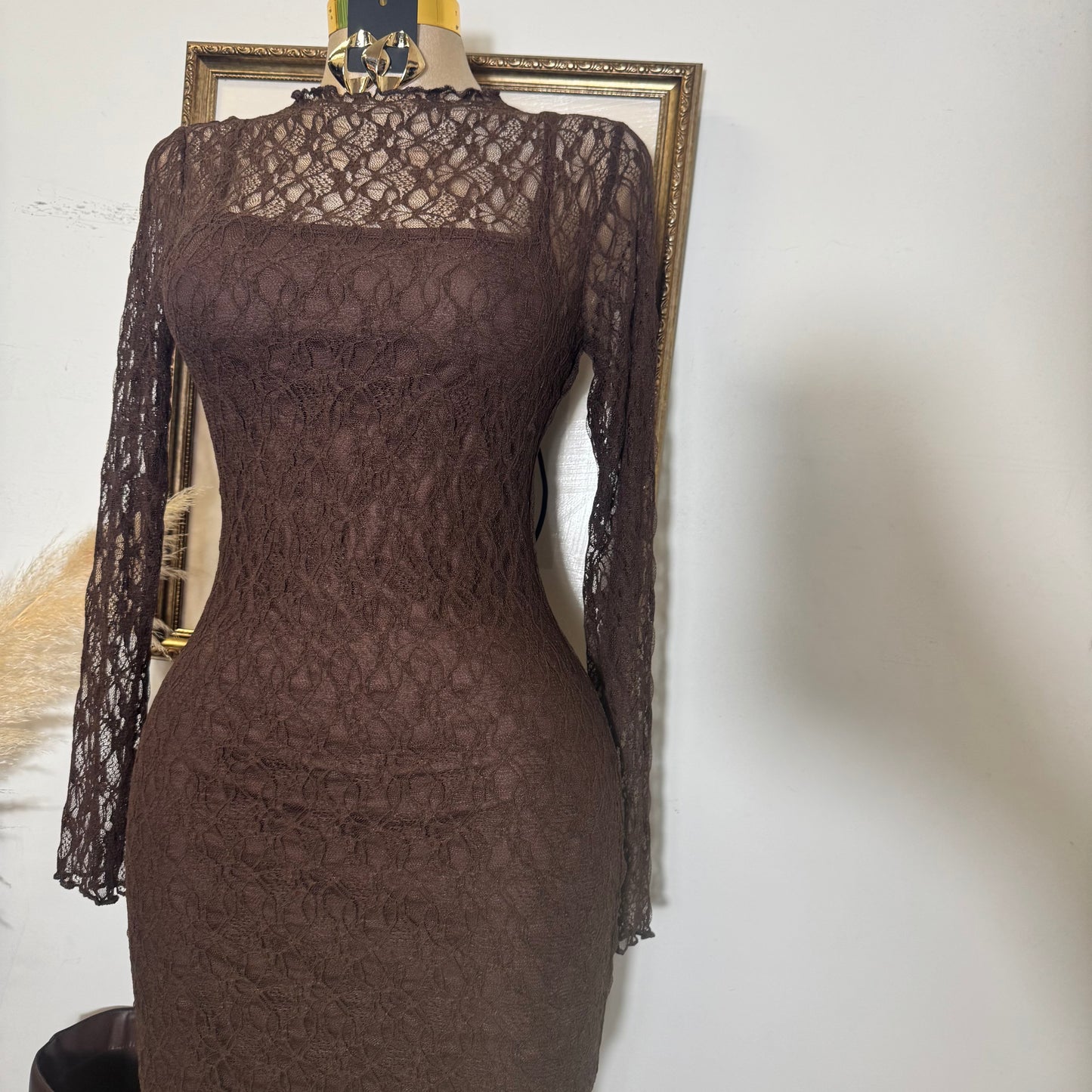 Rosie Lace Midi Dress-Brown