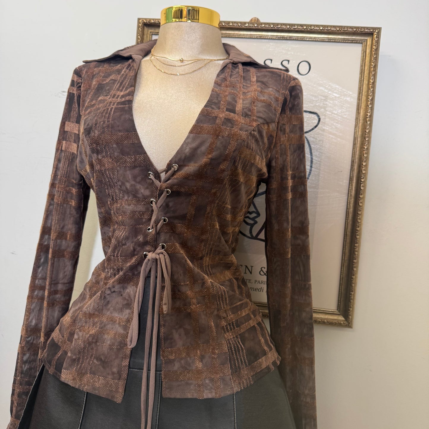 Collared Mesh Open Detail In the Front -Brown