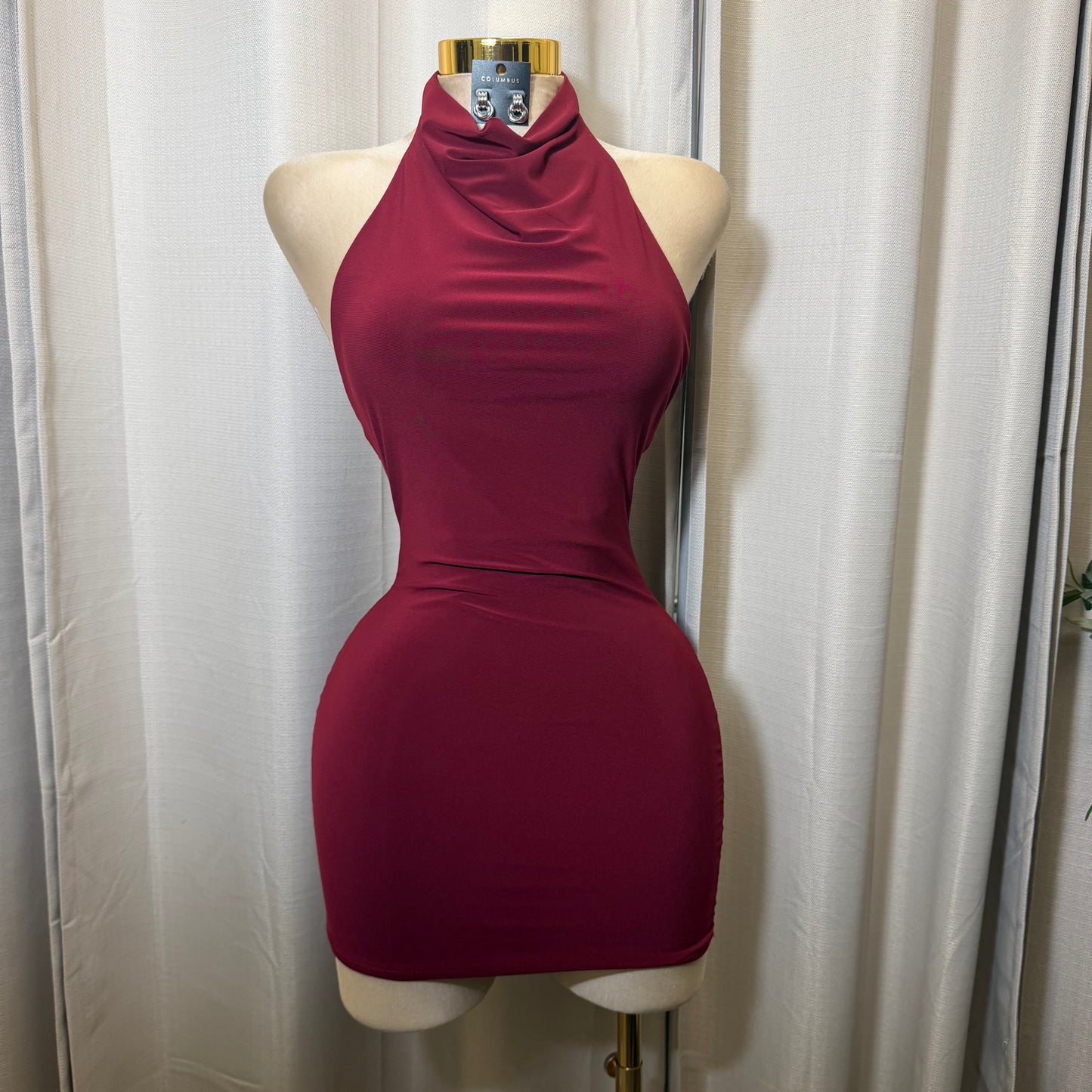 Sleeveless Halter Cowl Neckline Mini Dress-Burgundy