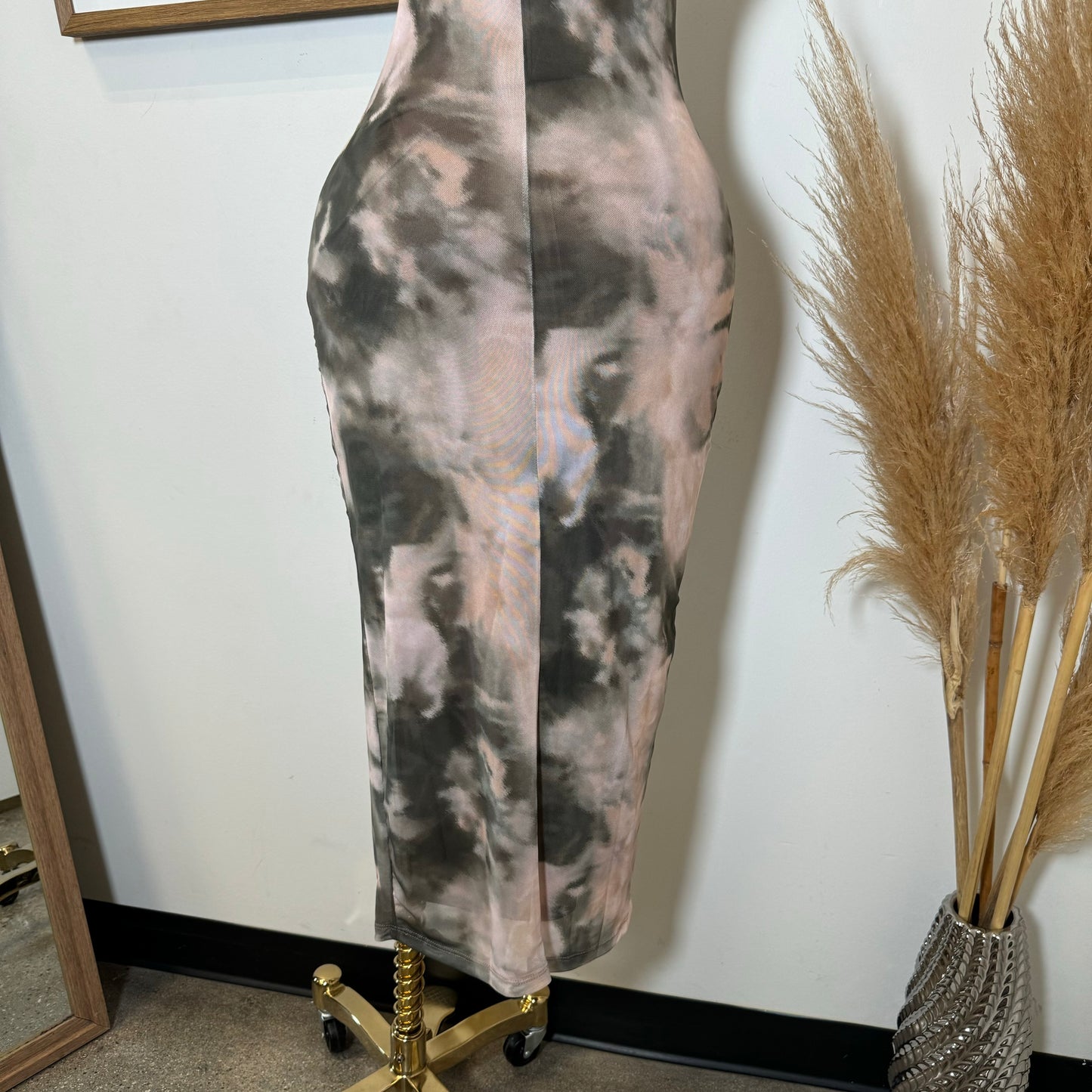 Mixie Mesh Open Slit Dress-Olive