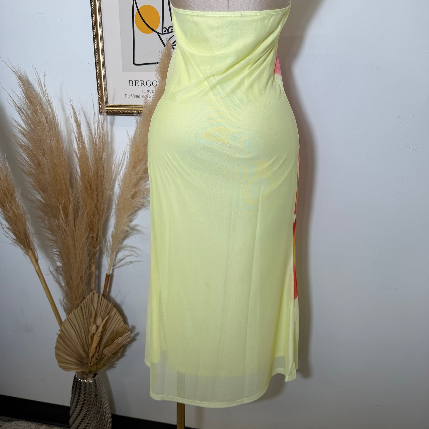 Mesh Tropical Floral Print Halter Neck Button Tie Midi Dress-Yellow
