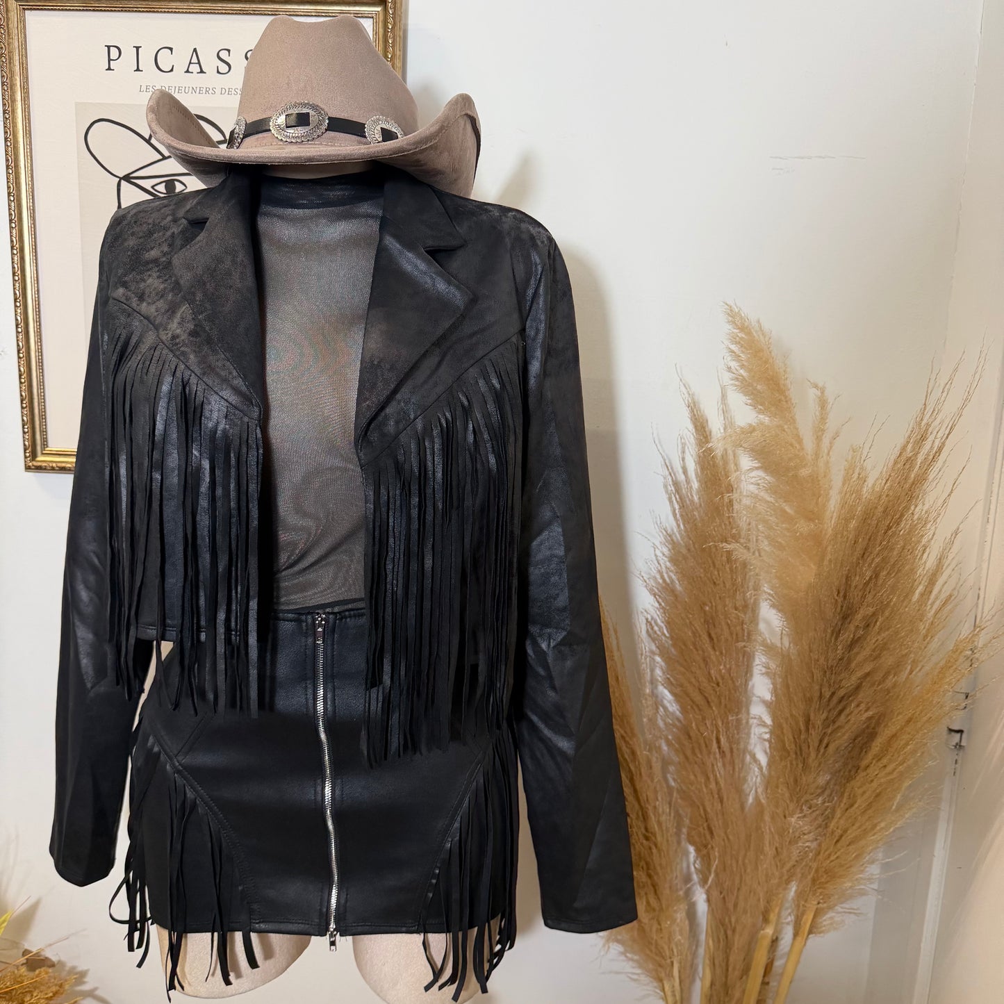 Suede Fringe Jacket-Black