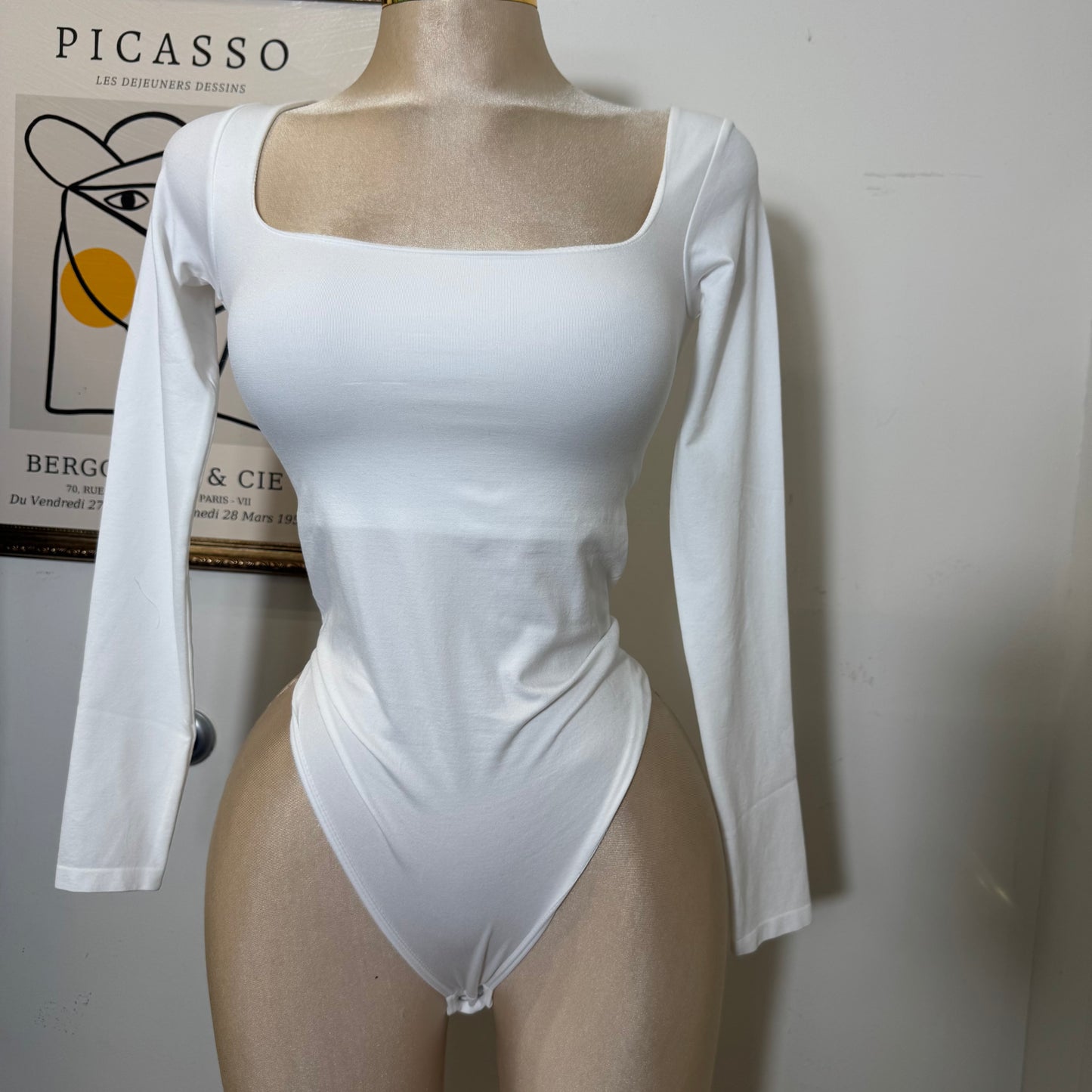 Square Neck Long Sleeveless Bodysuit-White