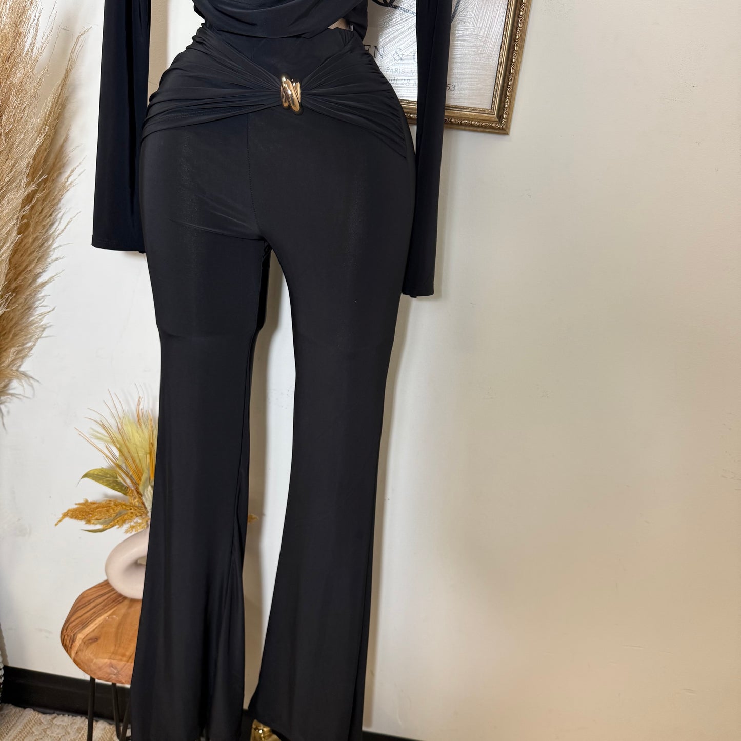 Long Sleeve Crop Top Pant Set-Black