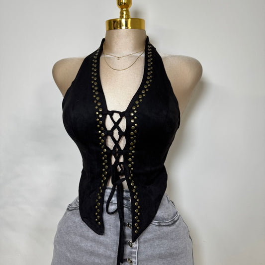 Suede Halter Open Front Top-Black