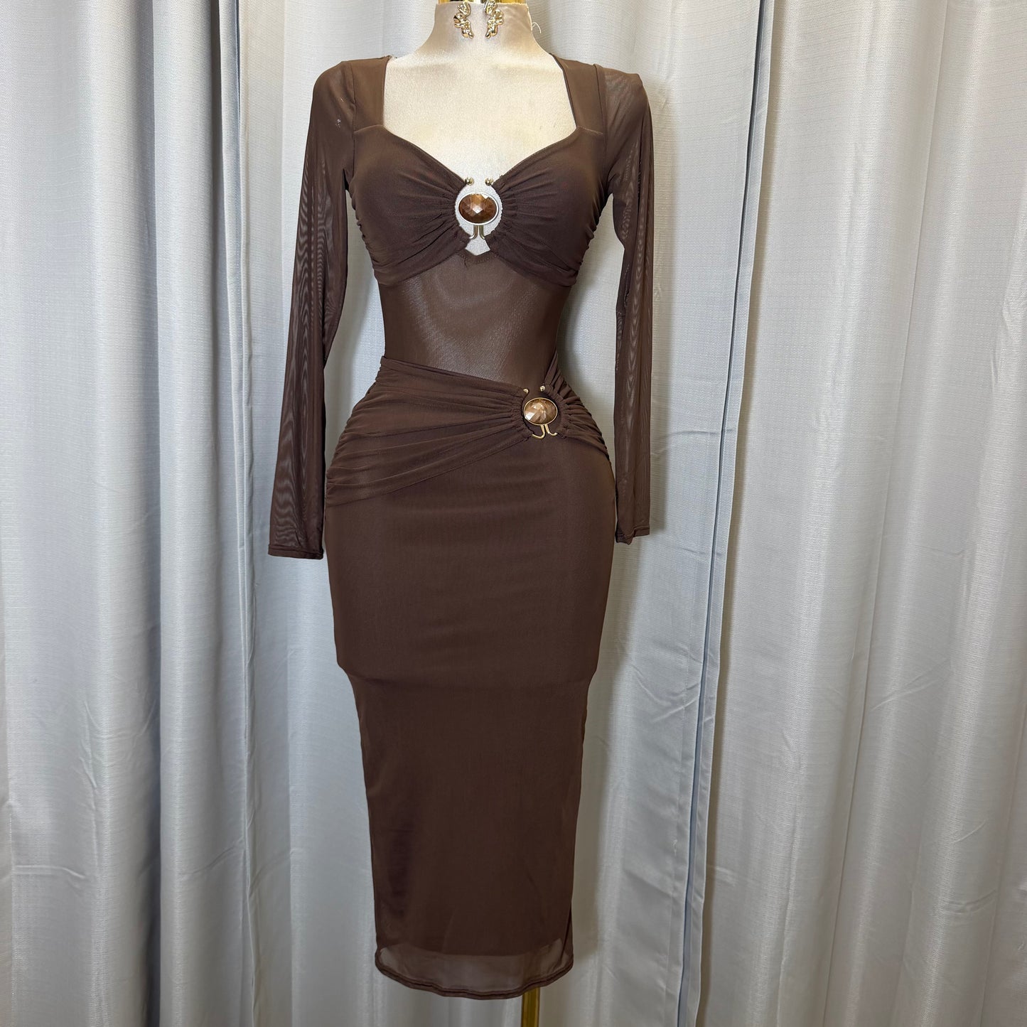 Front Trim mesh Midi dress-Brown