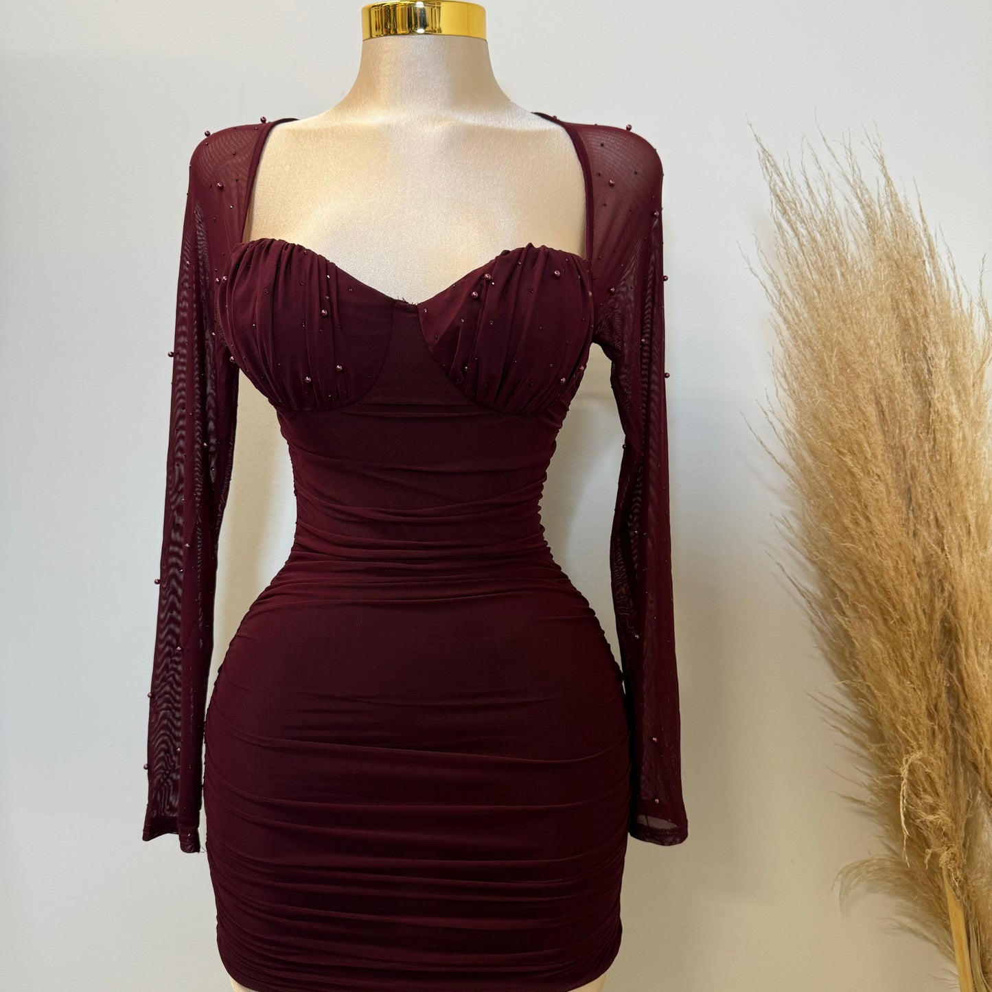 Talia Pearl Dress-Burgundy