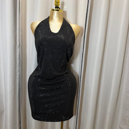 PL Halter Rhinestone Halter Mini Dress- Black