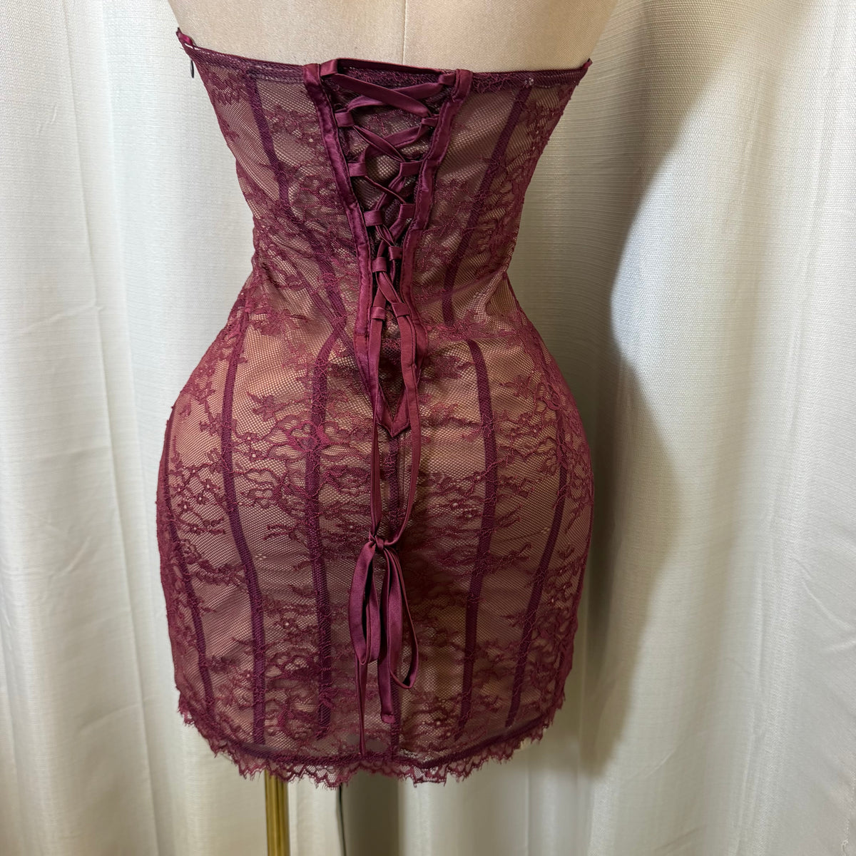 Lace with Strapping Detail Dress-Dark Cherry