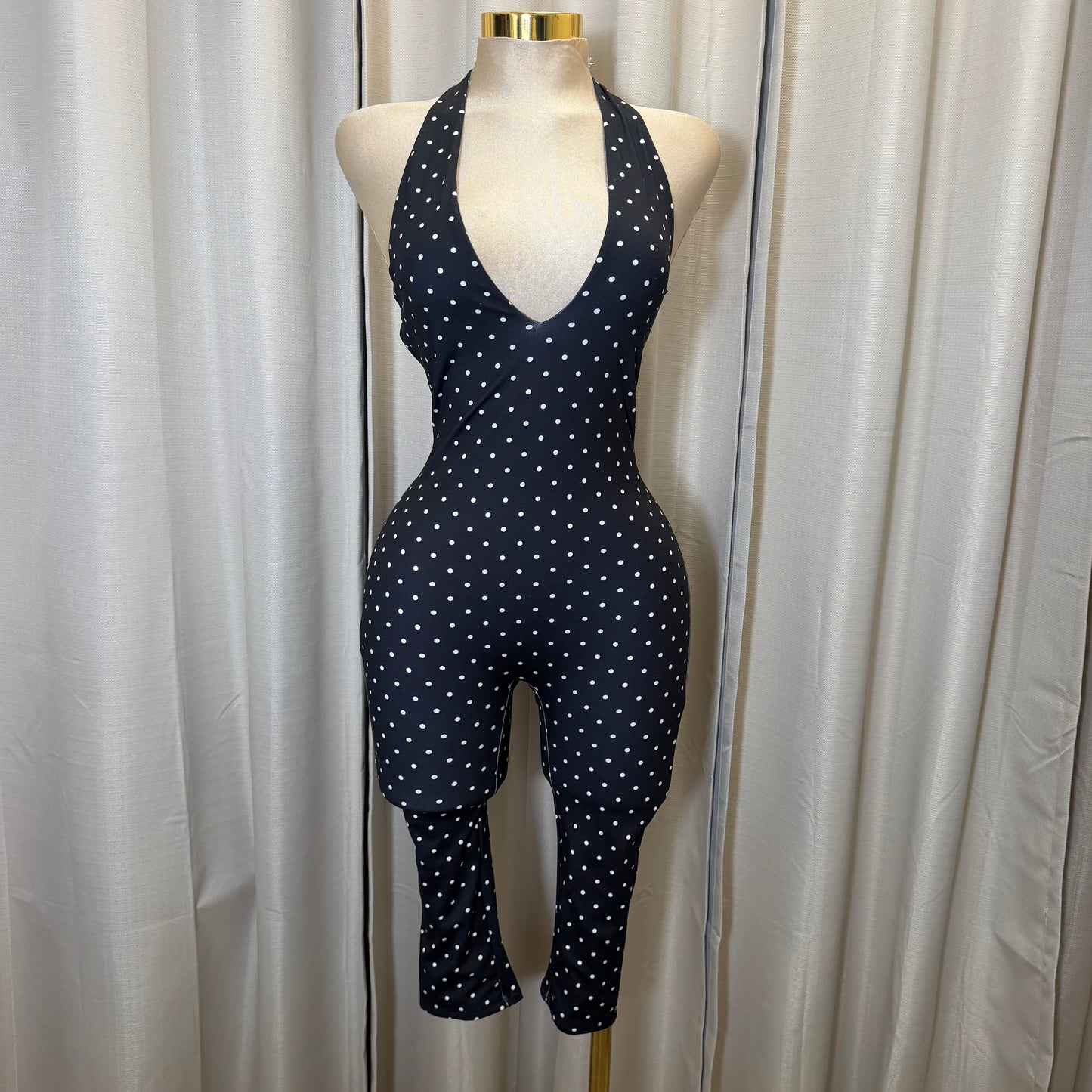 Halter Polka Dot Jumpsuit-Black/white