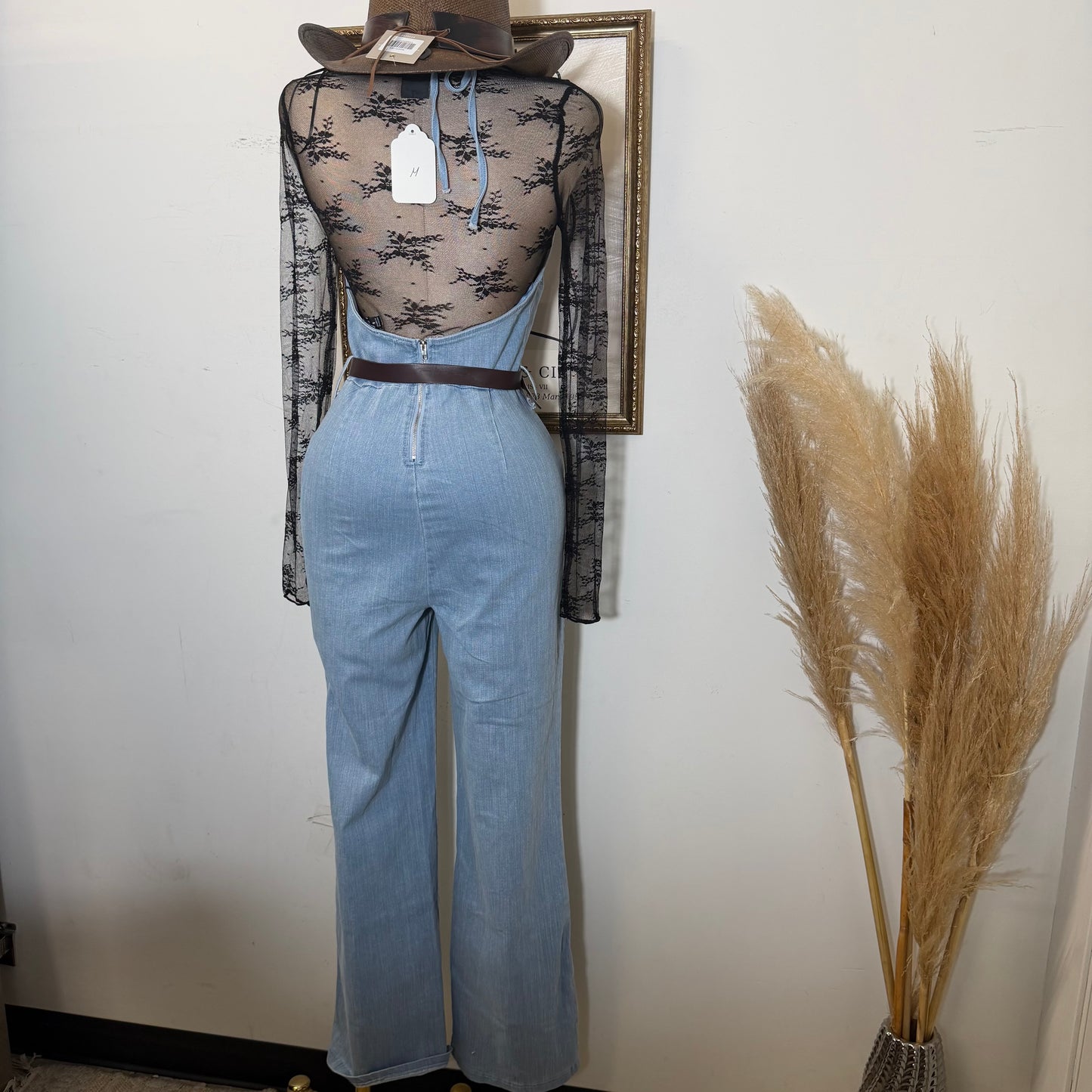 Denim Jumpsuit With Belt-Light Blue