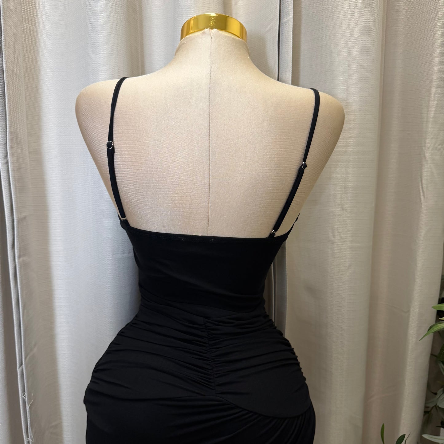 RUCHED MESH MIDI DRESS-Black