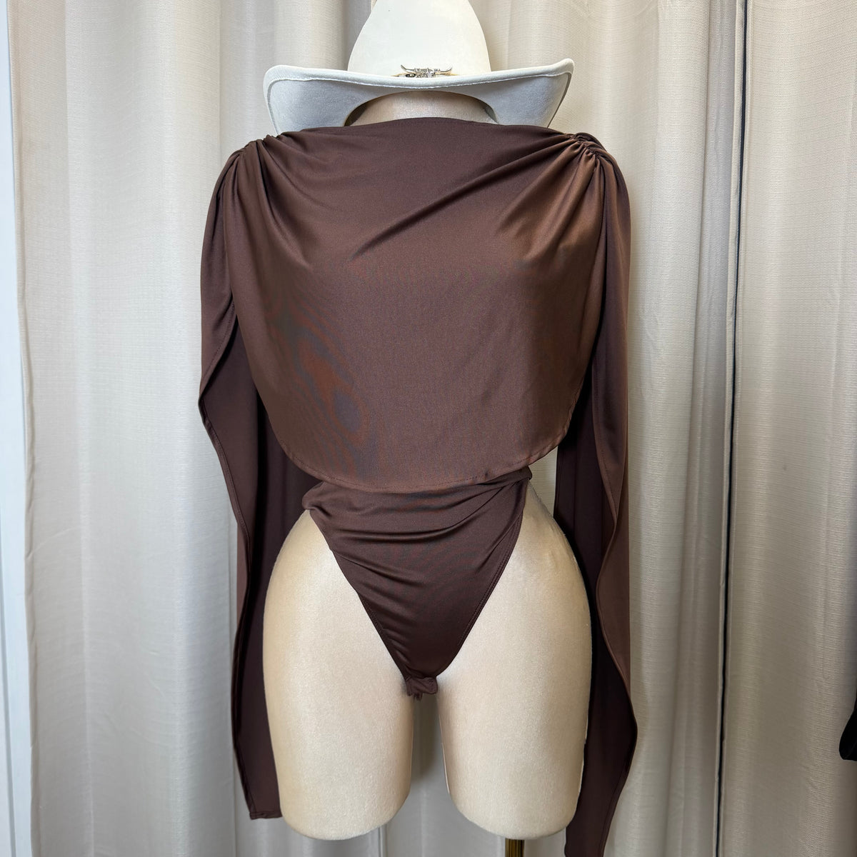 Draped Bodysuit Long sleeve-Brown