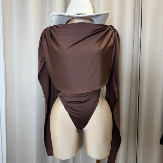 Draped Bodysuit Long sleeve-Brown