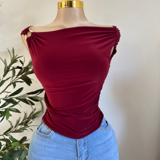 Asymmetrical Top with Gold Detail- Burgundy
