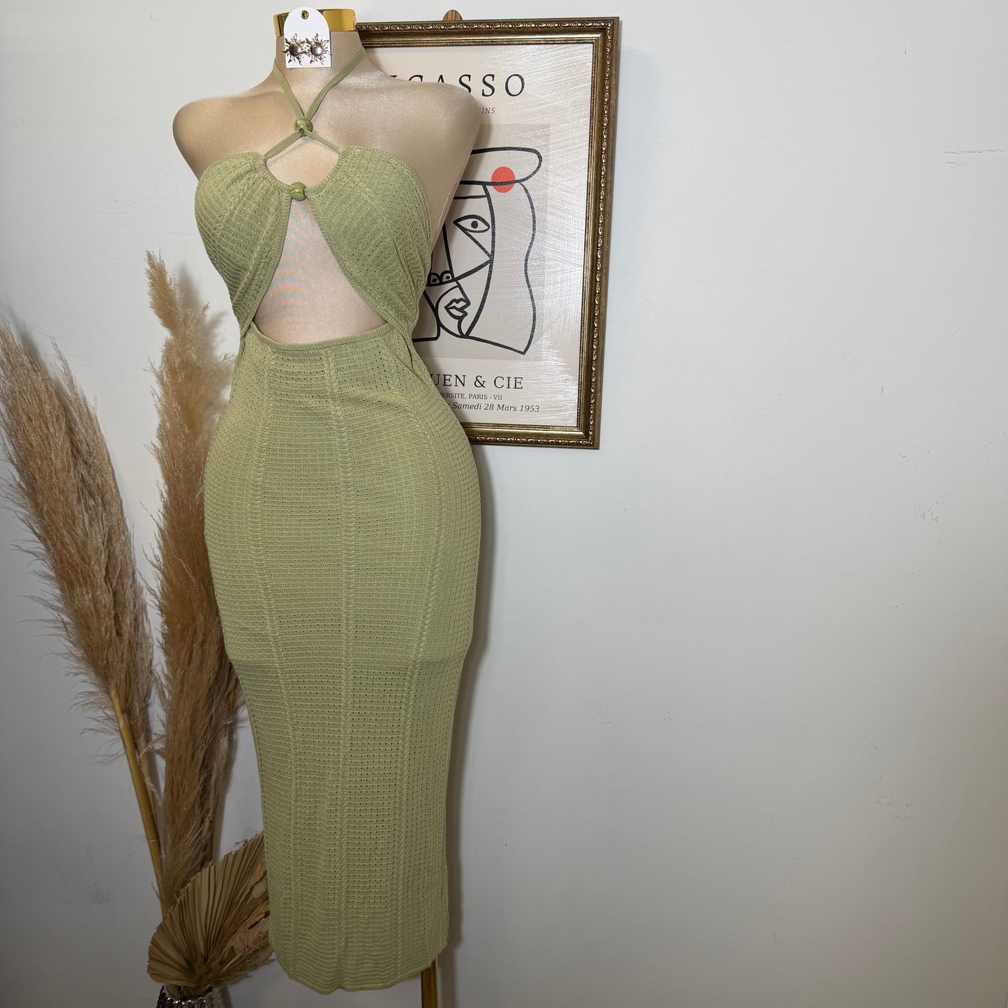 Textured Fabric Stone Trim Halter Midi Dress-Sage