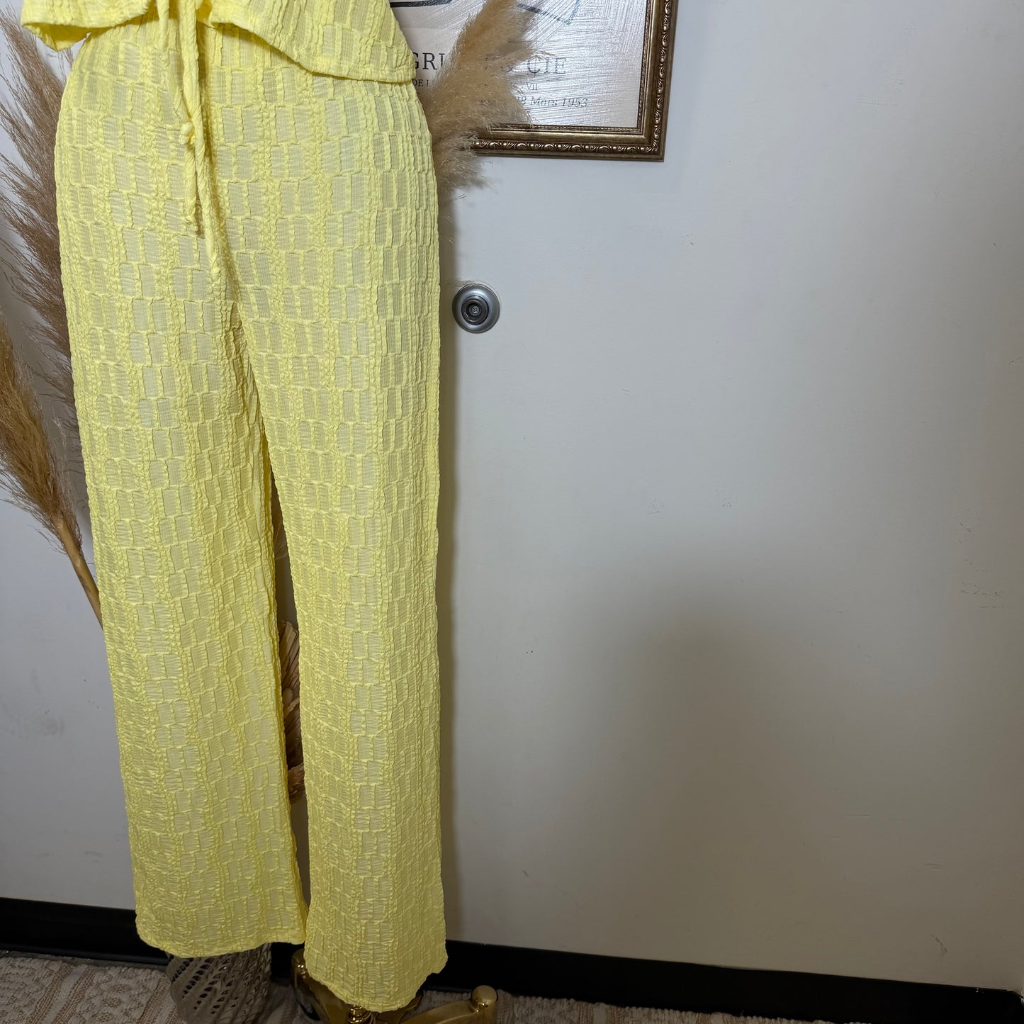 Front Tie Spaghetti Tie Halter Neck Top and pant set-Light Yellow