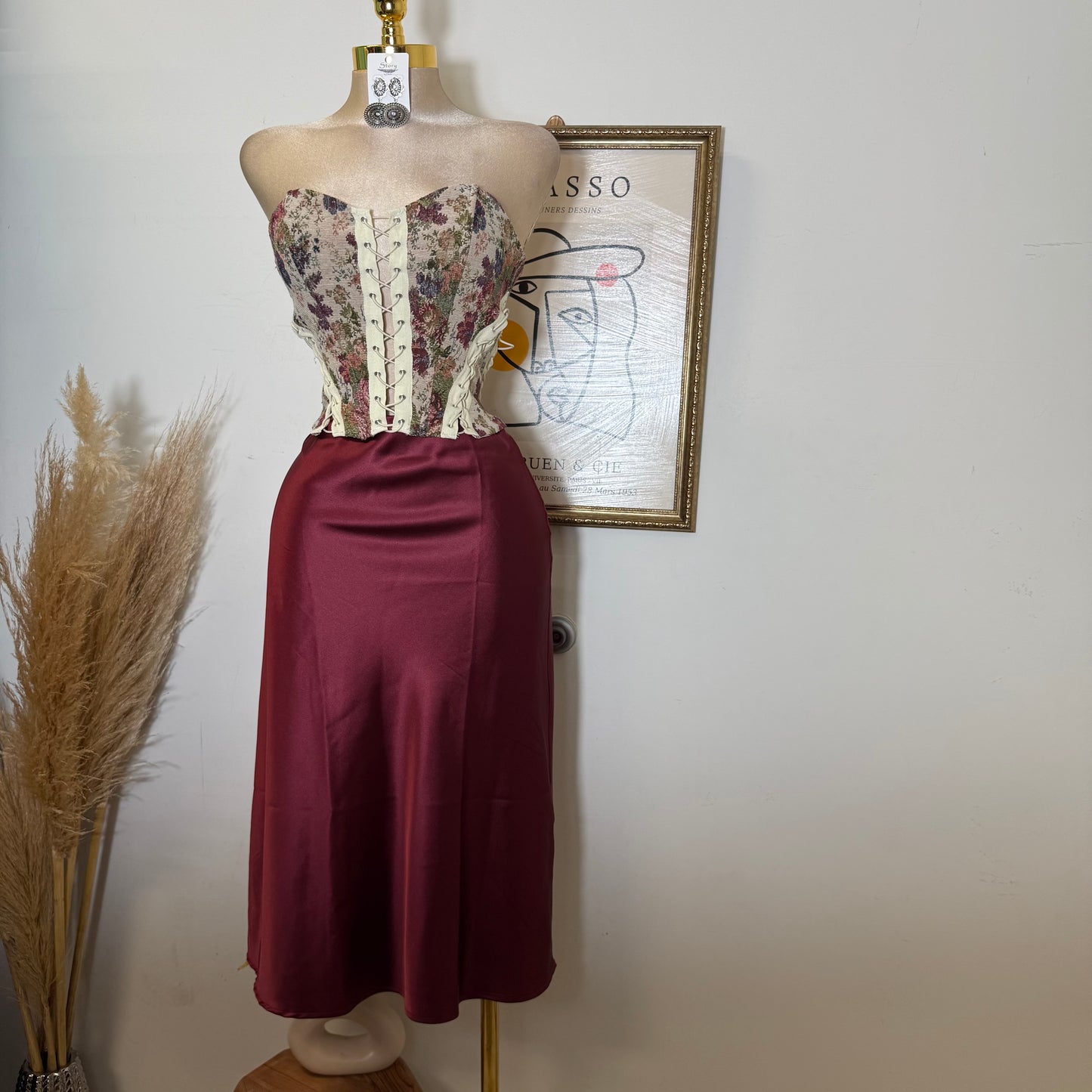 Satin Midi Skirt-Burgundy