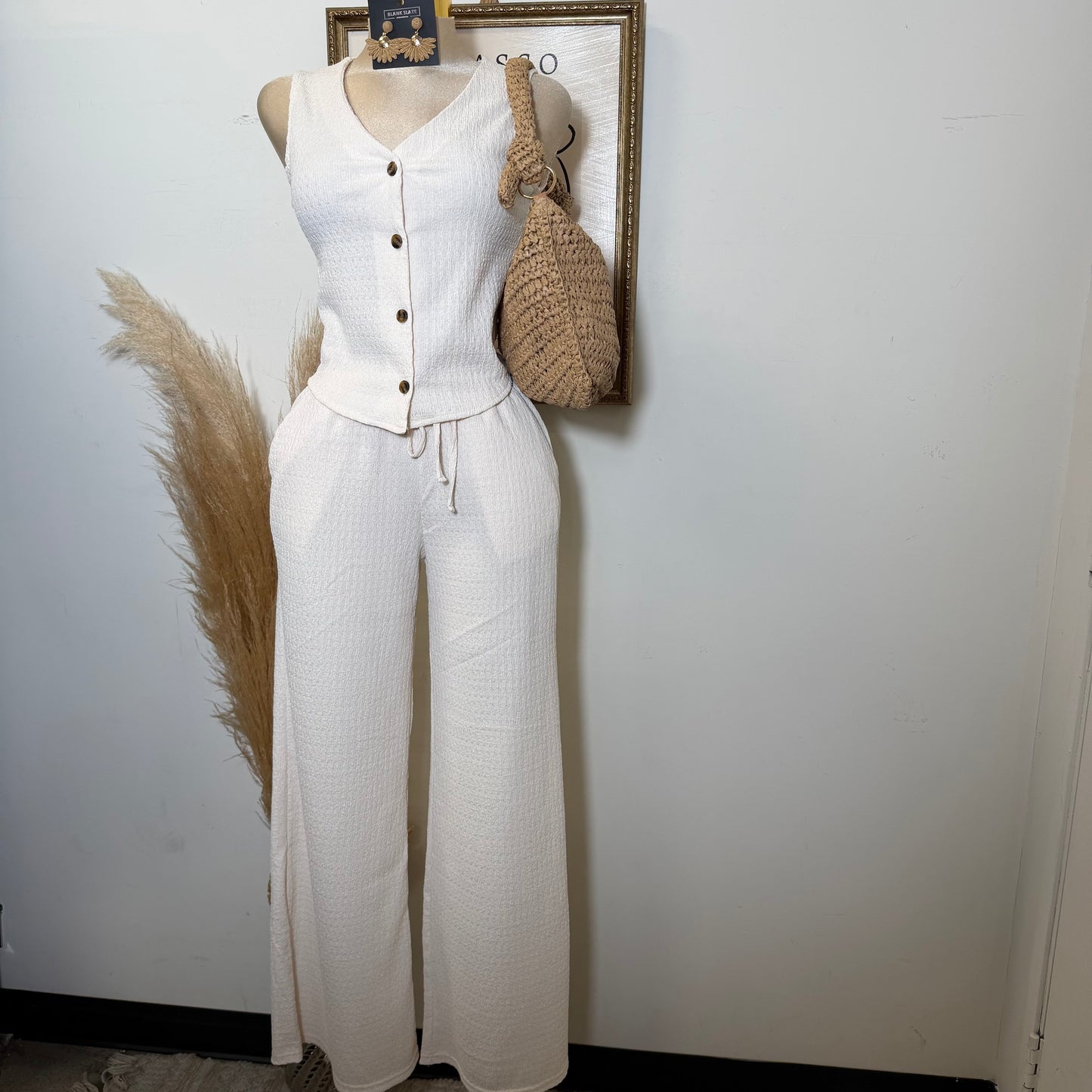 V-Neck Vest & Long pants Sets-Ivory