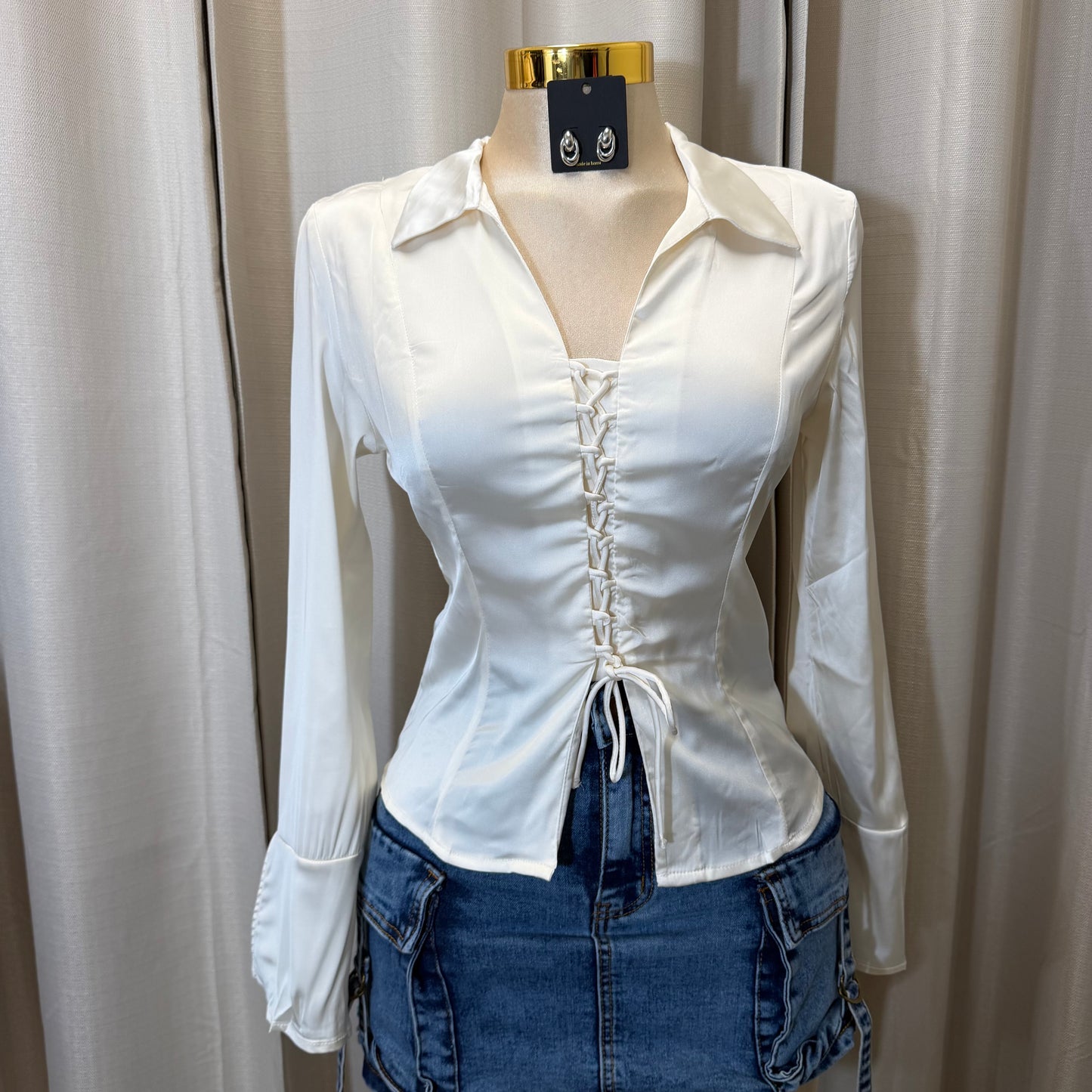 Collared Neckline Lace-Up front Closure-Ivory