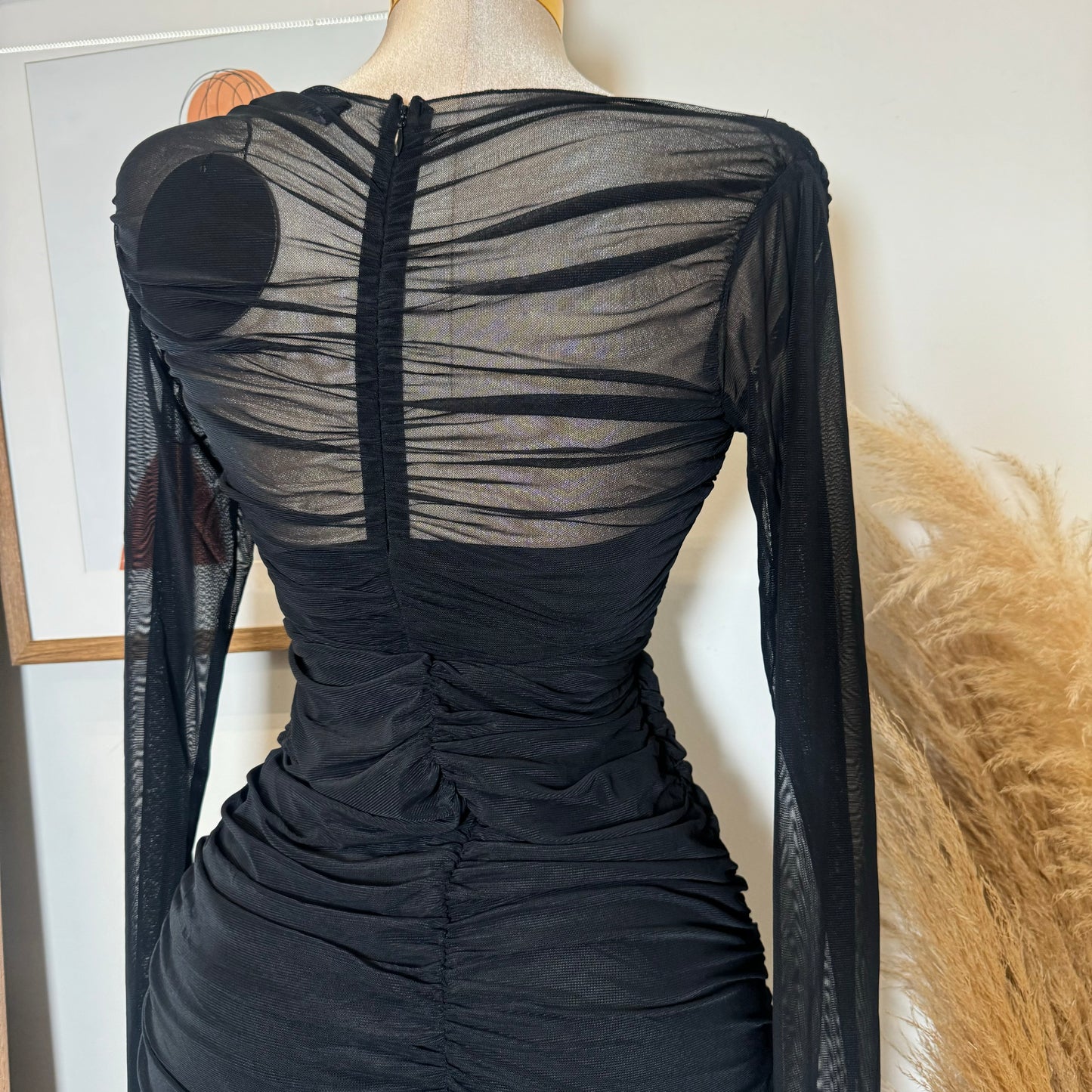 Long Sleeve Mesh Surplus Front Ruched Midi Dress-Black