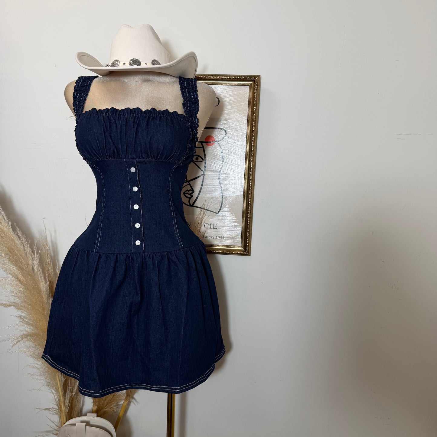 Ruched Bodice Denim Mini Dress-Dk Denim