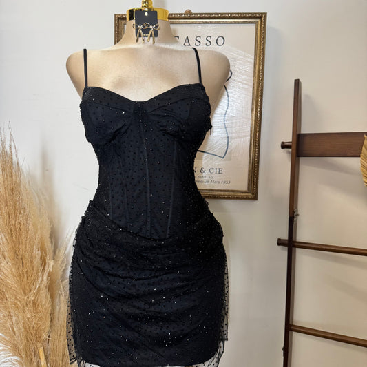 Rhinestone On Overlay Mesh Mini Dress SweetHeart Neckline Adjustable spaghetti Shoulder-Black