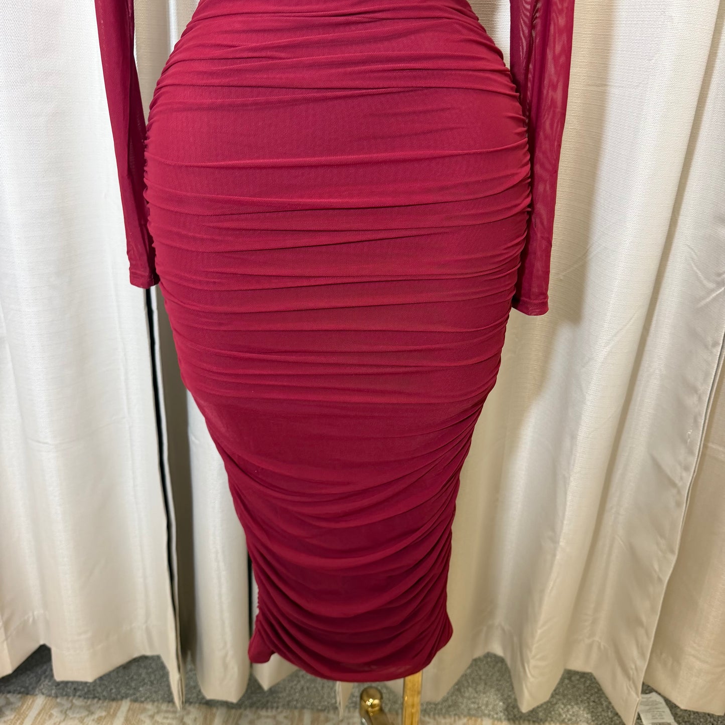 Mesh Long Sleeve Midi Dress w/ a U wire insert-Wine/Burgundy