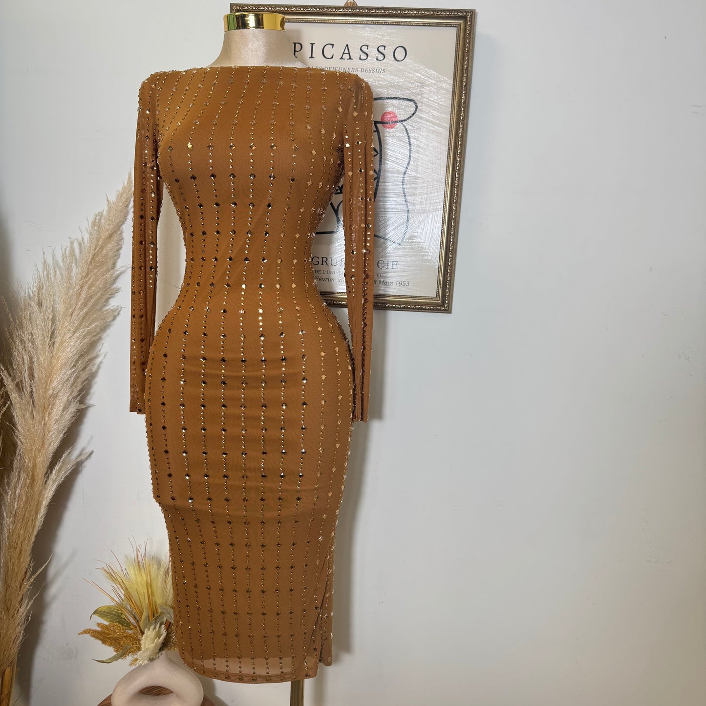 Square Rhinestone On Mesh Midi Dress-Mocha