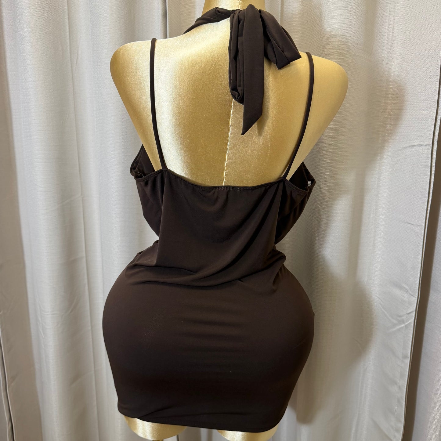 PL-Halter Cowl Neck Dress-Brown